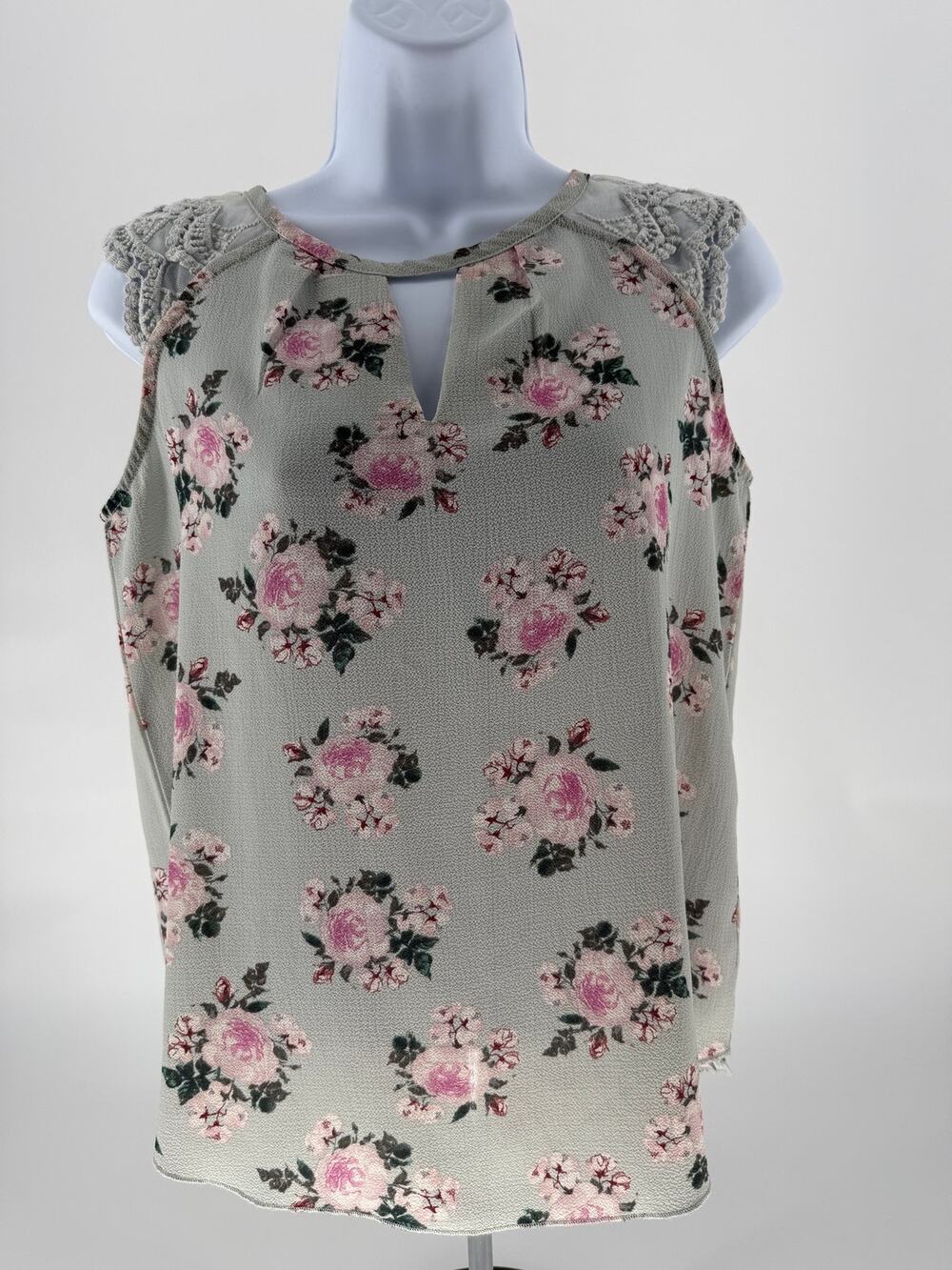 Grayson Threads XS Floral Lace Sleeve Blouse Sage Green Pink Rose Keyhole Top